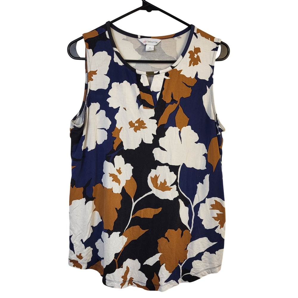 Liz Claiborne Womens Floral Sleeveless Split Neck Top Navy Blue Brown Size M